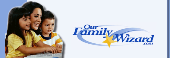 Mom and kids at keyboard with OurFamilyWizard.com logo